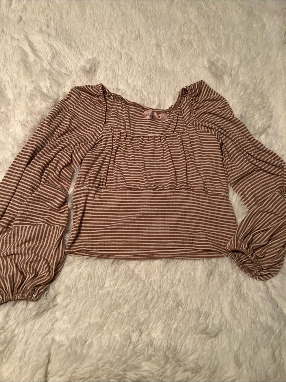 Striped Brown and White Square-Neck Crop Top with Puff Sleeves